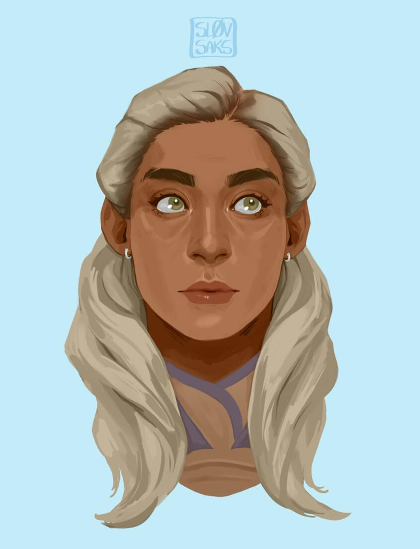 A digitally painted portrait of a woman with brown skin and ash blonde hair pulled back, looking away from the viewer.